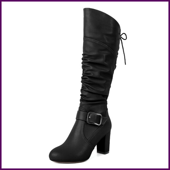 Shoes - Knee High Boots Chunky Heel Side Zipper Faux Leather Slouchy Dress Boots